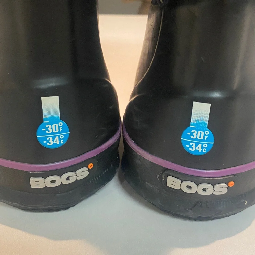 BOGS CLASSIC WEATHER RAIN BOOTS BLACK PURPLE FLOWERS BIG KIDS SZ 4 EU 37
